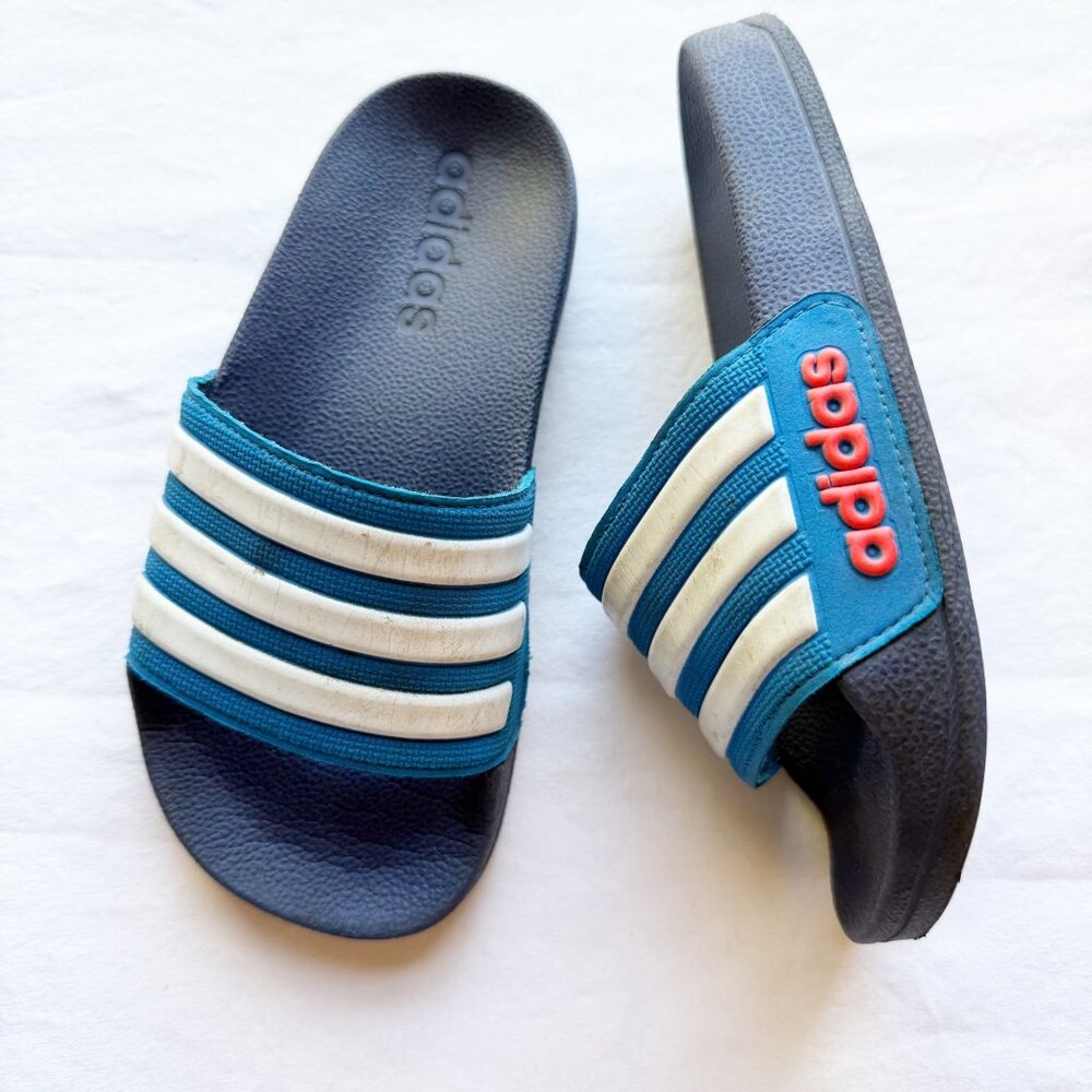 Adidas Kids Blue & White Slide Sandals With Red Logo 11K